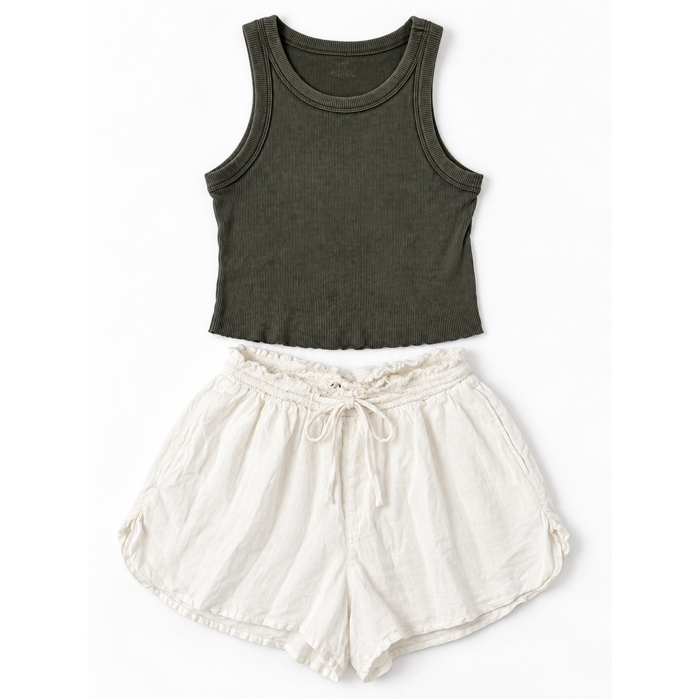 Aerie Ribbed Crop Tank and Linen Blend Shorts bundle Olive Green Cream Small